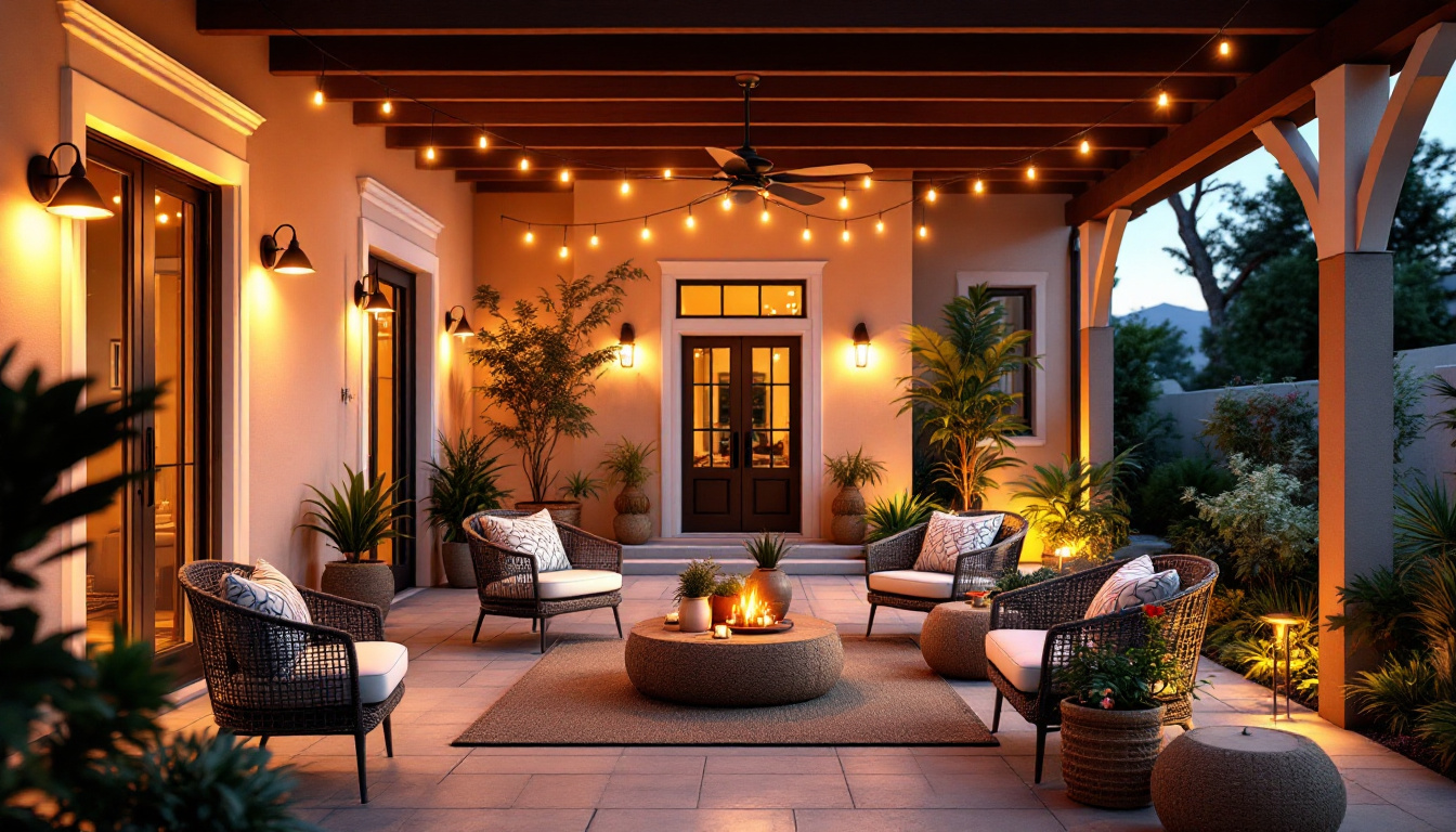 A photograph of a beautifully designed patio illuminated by a variety of stylish outdoor lighting fixtures