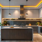 A photograph of a beautifully designed kitchen featuring modern ceiling lights
