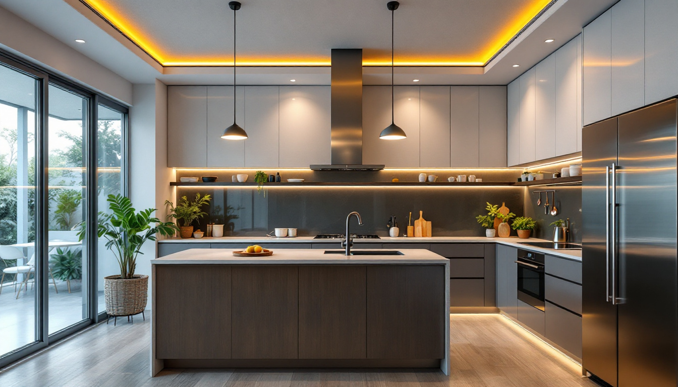 A photograph of a beautifully designed kitchen featuring modern ceiling lights