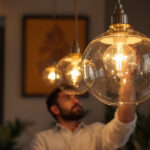 A photograph of capture a photograph of a beautifully designed glass silver hanging light fixture in an inviting interior space