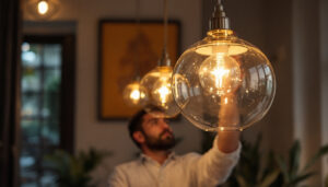 A photograph of capture a photograph of a beautifully designed glass silver hanging light fixture in an inviting interior space