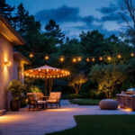 A photograph of a well-lit backyard showcasing various energy-efficient lighting solutions