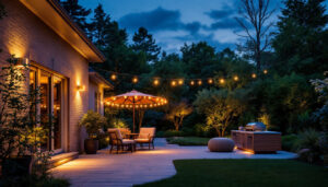 A photograph of a well-lit backyard showcasing various energy-efficient lighting solutions