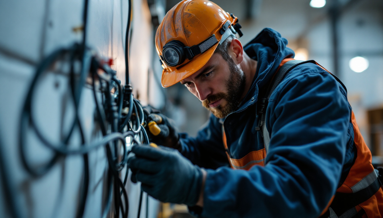 A photograph of a lighting contractor efficiently organizing or installing power cords at a job site
