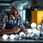 A photograph of a lighting contractor examining a variety of led lightbulbs in a well-lit workspace