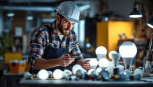 A photograph of a lighting contractor examining a variety of led lightbulbs in a well-lit workspace