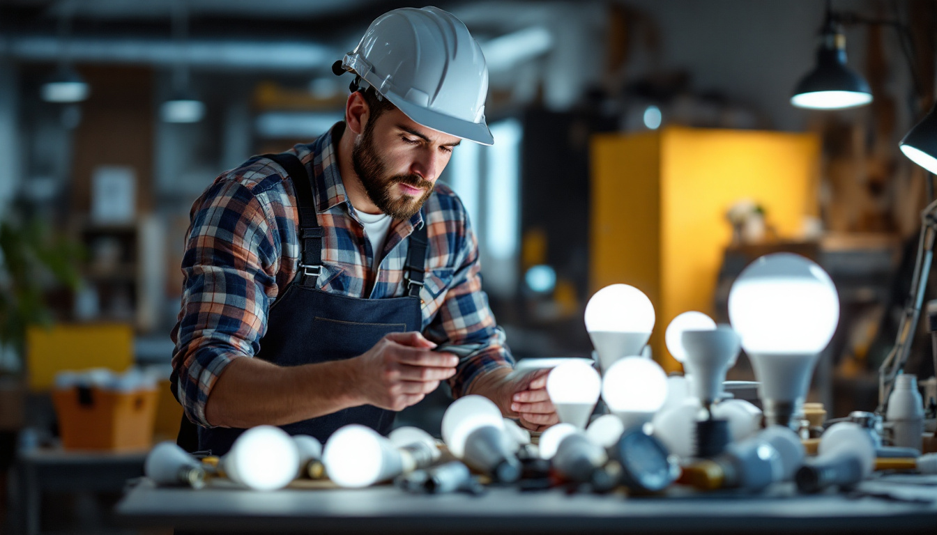 A photograph of a lighting contractor examining a variety of led lightbulbs in a well-lit workspace