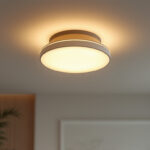 A photograph of a beautifully designed flush-mounted ceiling light in a stylish interior setting