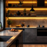 A photograph of a beautifully designed kitchen with elegant under counter lighting illuminating the countertops