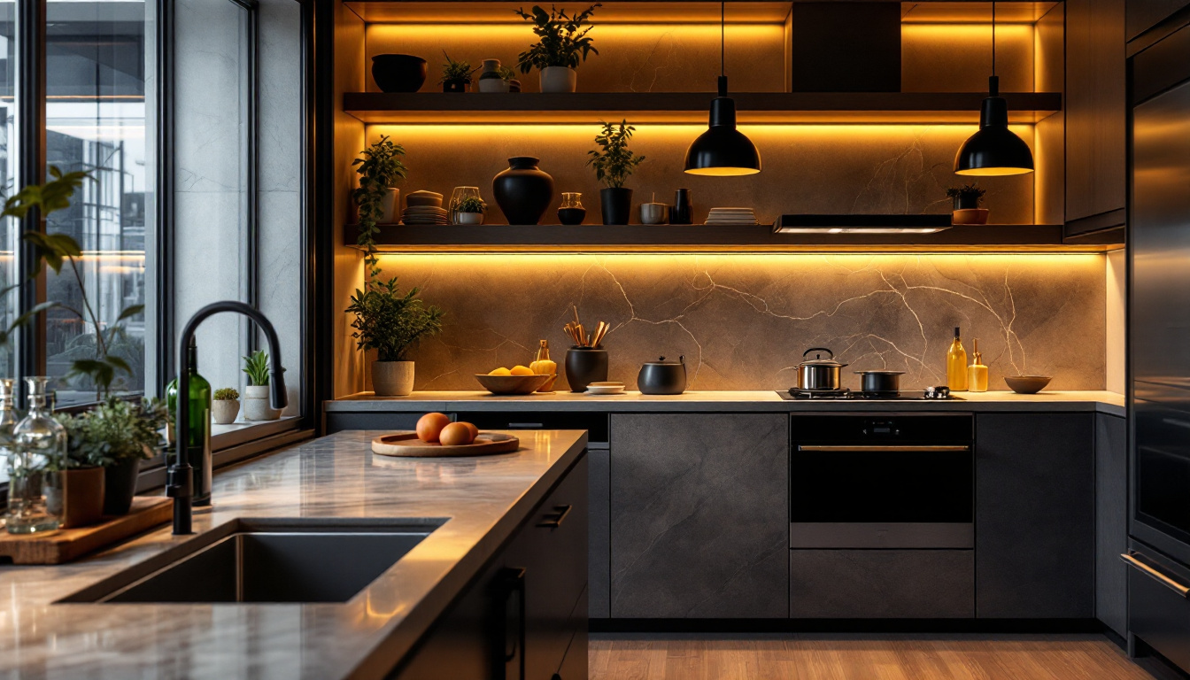 A photograph of a beautifully designed kitchen with elegant under counter lighting illuminating the countertops