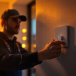 A photograph of a skilled lighting contractor installing a modern dimmer switch in a stylishly lit room
