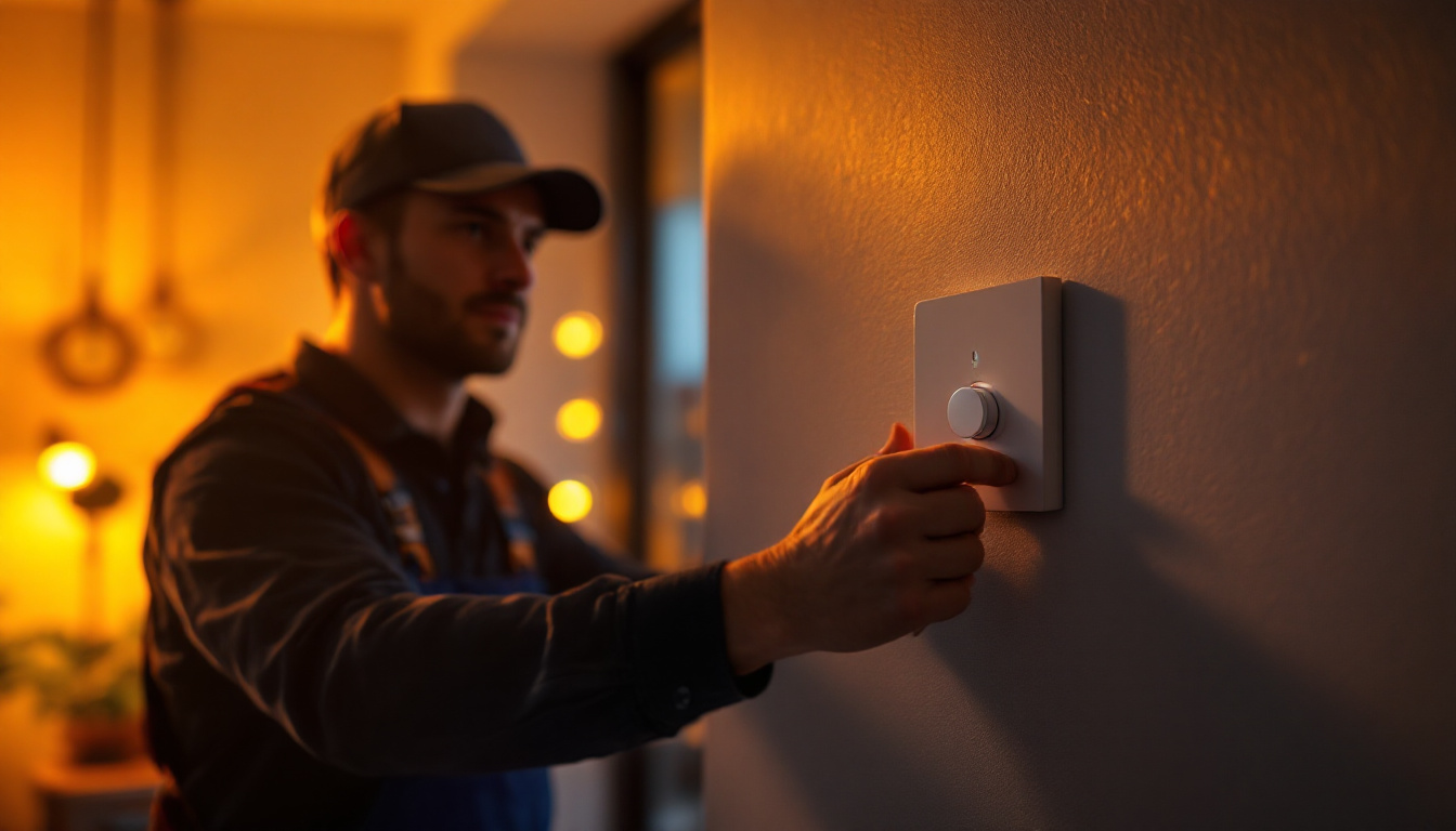 A photograph of a skilled lighting contractor installing a modern dimmer switch in a stylishly lit room