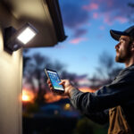 A photograph of a lighting contractor installing an outdoor motion sensor light in a residential setting