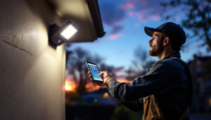 A photograph of a lighting contractor installing an outdoor motion sensor light in a residential setting