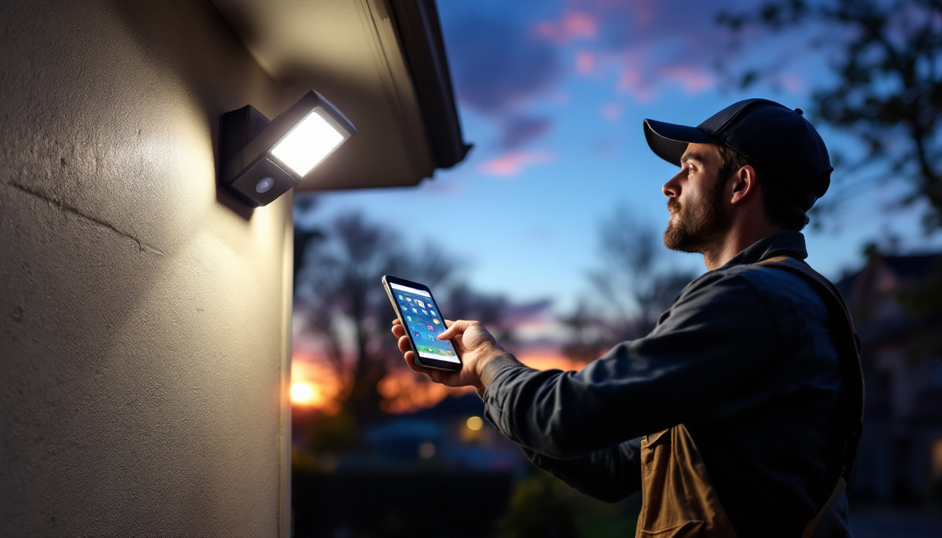 A photograph of a lighting contractor installing an outdoor motion sensor light in a residential setting