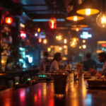 A photograph of a well-lit bar scene showcasing stylish bar lights in action