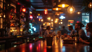 A photograph of a well-lit bar scene showcasing stylish bar lights in action