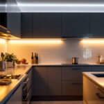 A photograph of a modern kitchen showcasing stylish under cabinet lighting that highlights the countertops and creates a warm