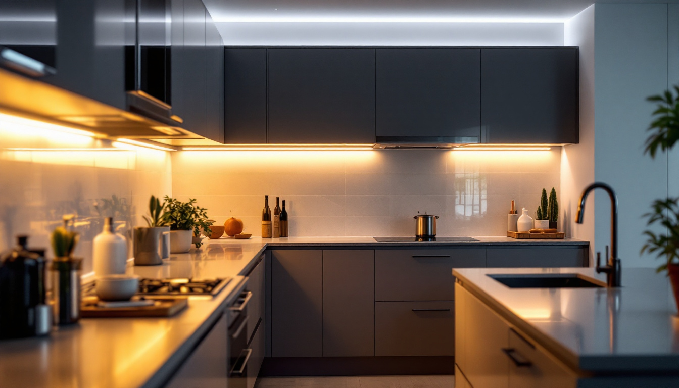 A photograph of a modern kitchen showcasing stylish under cabinet lighting that highlights the countertops and creates a warm