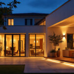 A photograph of a beautifully illuminated outdoor space featuring uplighting that highlights architectural features and creates an inviting atmosphere