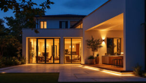 A photograph of a beautifully illuminated outdoor space featuring uplighting that highlights architectural features and creates an inviting atmosphere