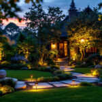 A photograph of a skilled lighting contractor expertly installing outdoor landscape lighting in a beautifully landscaped garden at dusk