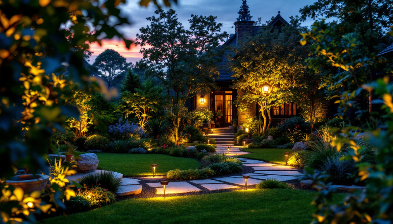 A photograph of a skilled lighting contractor expertly installing outdoor landscape lighting in a beautifully landscaped garden at dusk