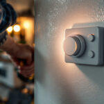 A photograph of a lighting contractor installing a timer switch in a residential setting