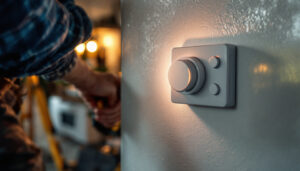 A photograph of a lighting contractor installing a timer switch in a residential setting
