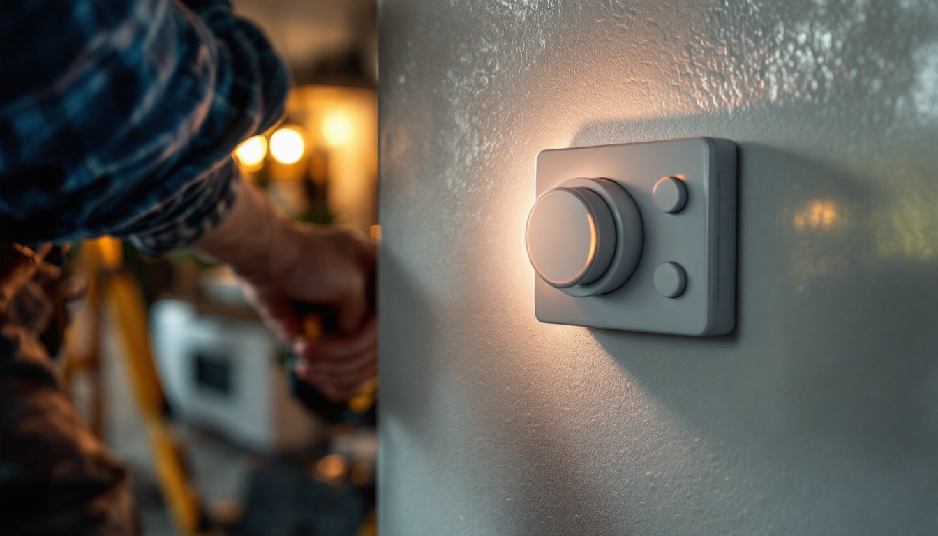 A photograph of a lighting contractor installing a timer switch in a residential setting