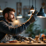 A photograph of a skilled lighting contractor expertly installing or adjusting various lighting fixtures in a modern interior space