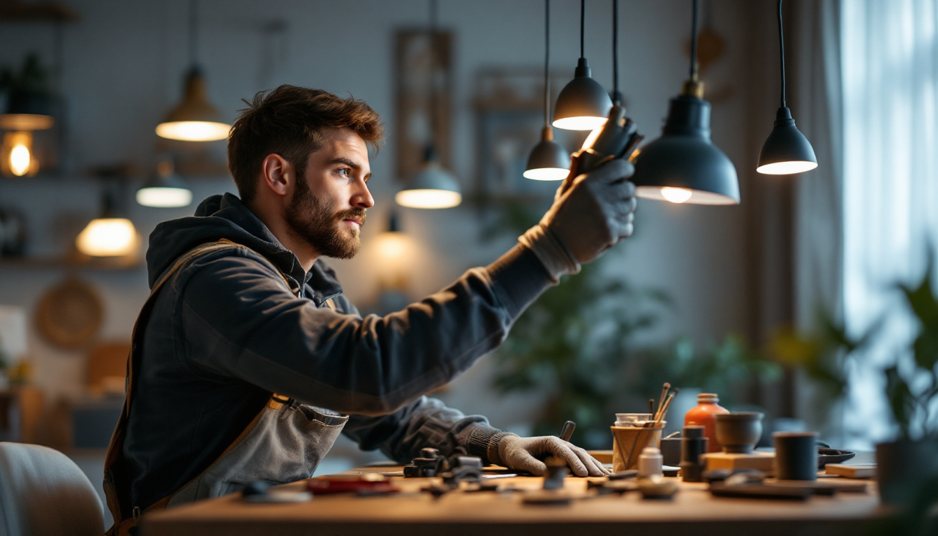 A photograph of a skilled lighting contractor expertly installing or adjusting various lighting fixtures in a modern interior space