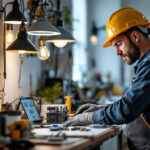 A photograph of a skilled lighting contractor at work