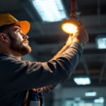 A photograph of a lighting contractor installing emergency lighting fixtures in a commercial space