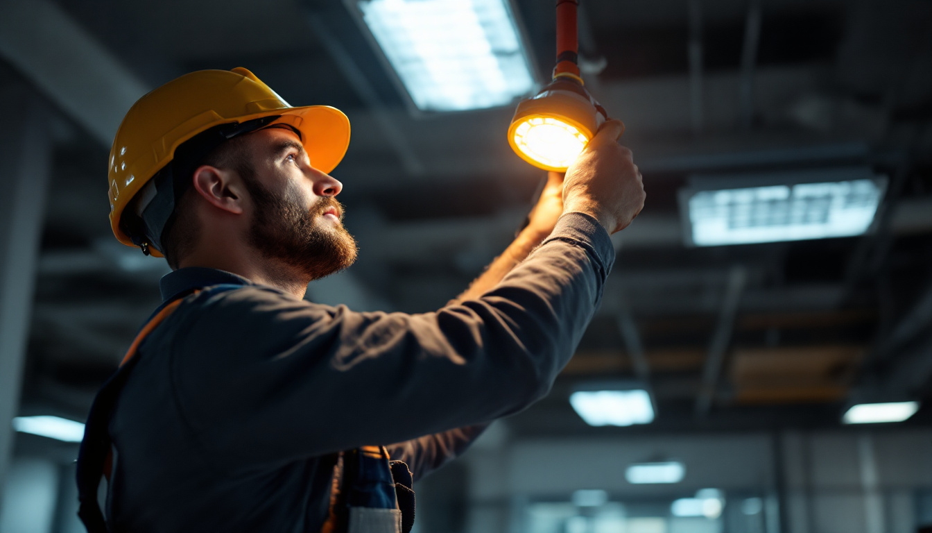 A photograph of a lighting contractor installing emergency lighting fixtures in a commercial space