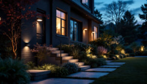 A photograph of a well-lit outdoor lighting installation that showcases uplight technology in action