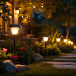 A photograph of a beautifully illuminated outdoor space featuring solar lights in various settings