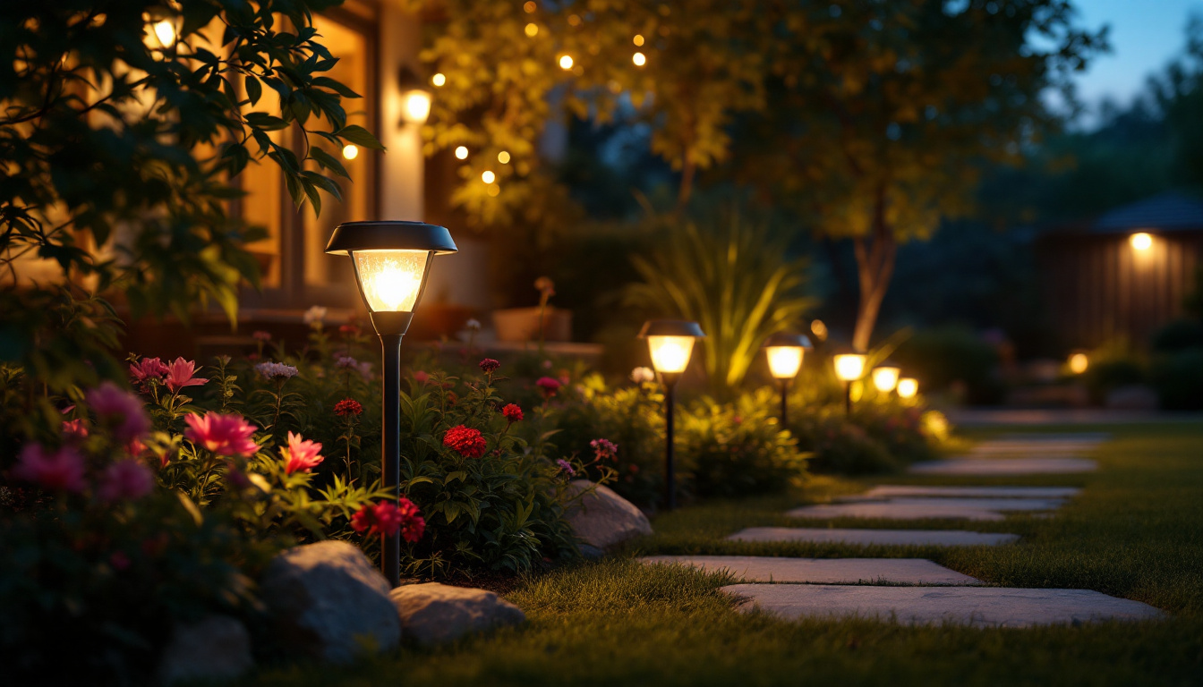 A photograph of a beautifully illuminated outdoor space featuring solar lights in various settings