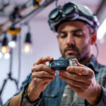 A photograph of a lighting contractor expertly installing a led driver in a modern lighting setup