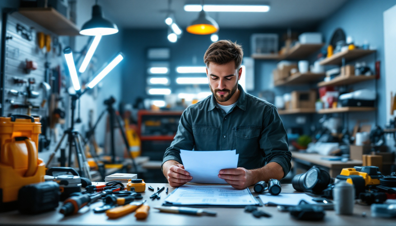 A photograph of a well-organized lighting contractor's workspace