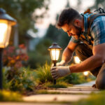 A photograph of a lighting contractor working on the installation of pathway lights in a beautifully landscaped outdoor setting