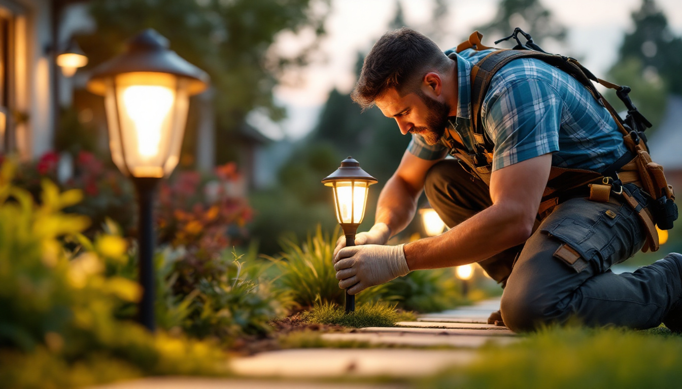 A photograph of a lighting contractor working on the installation of pathway lights in a beautifully landscaped outdoor setting
