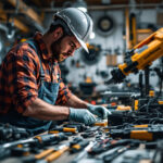 A photograph of a lighting contractor meticulously inspecting and organizing a variety of electrical tools and equipment in a well-lit workspace