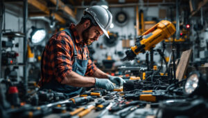 A photograph of a lighting contractor meticulously inspecting and organizing a variety of electrical tools and equipment in a well-lit workspace