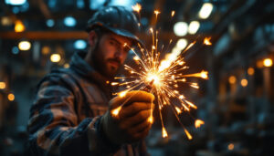 A photograph of a skilled technician using a wire pulling pluckker in an industrial setting