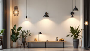 A photograph of a well-lit interior space showcasing a variety of stylish lighting fixtures
