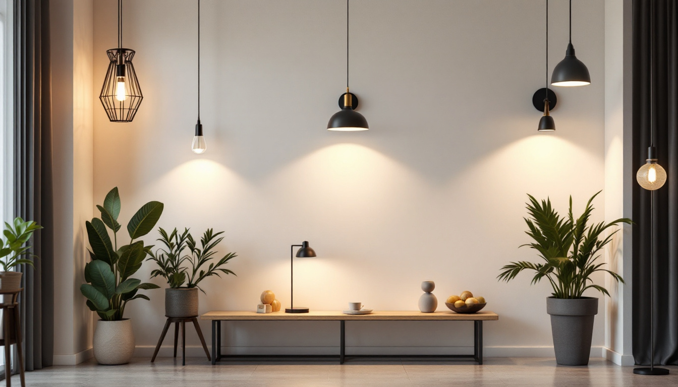 A photograph of a well-lit interior space showcasing a variety of stylish lighting fixtures