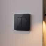 A photograph of a beautifully designed smart switch installed in a modern home setting