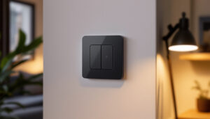 A photograph of a beautifully designed smart switch installed in a modern home setting