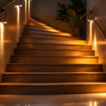 A photograph of a beautifully lit staircase featuring stylish stair lights